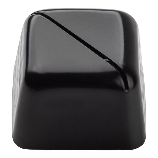 A black square hammered stainless steel table card holder.