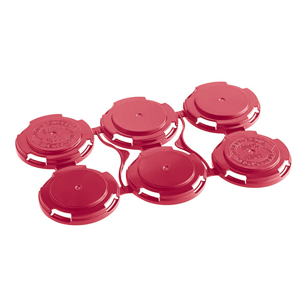 A dark pink PakTech plastic 6-pack can carrier with circles for cans.