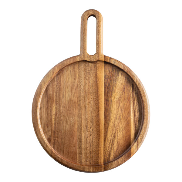 A Tablecraft Acacia wood serving board with handles.