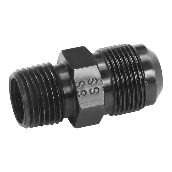 A black metal pipe fitting with a nut on one end.