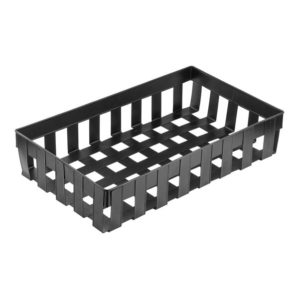 A black steel rectangular basket with holes.