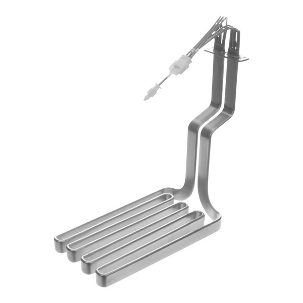 A stainless steel Pitco flat bar heating element with wires attached.