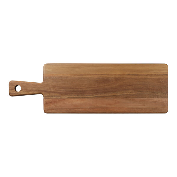 A Tablecraft rectangular acacia wood serving board with a handle.