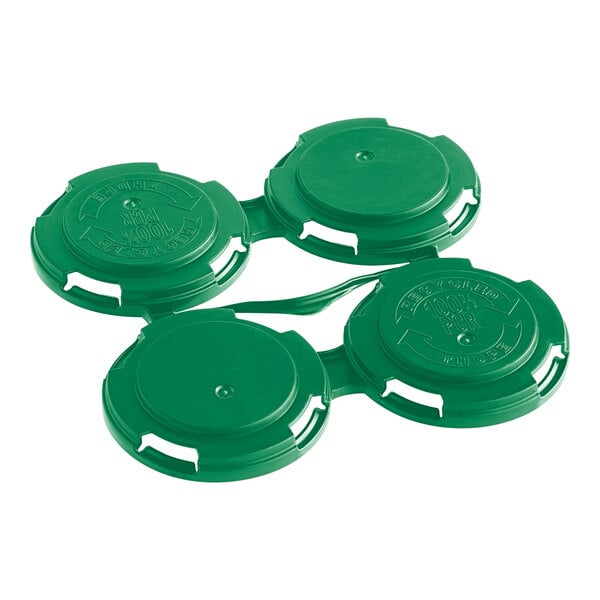 A green plastic PakTech can carrier with four round holders.