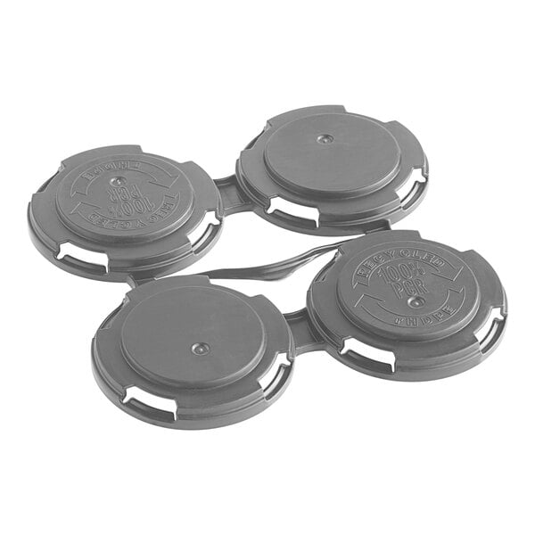 A dark gray PakTech plastic 4-pack can carrier with three round caps on top.