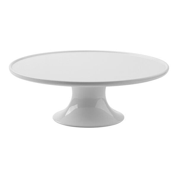 A Tablecraft white melamine round cake stand with a pedestal.