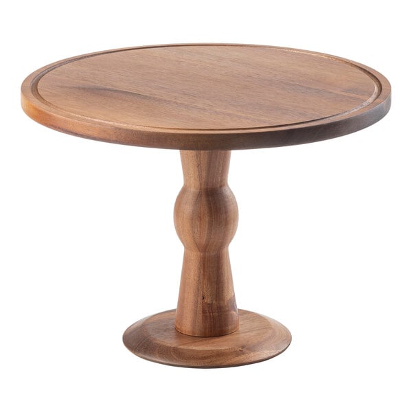 A Tablecraft round acacia wood cake stand with a pedestal base.