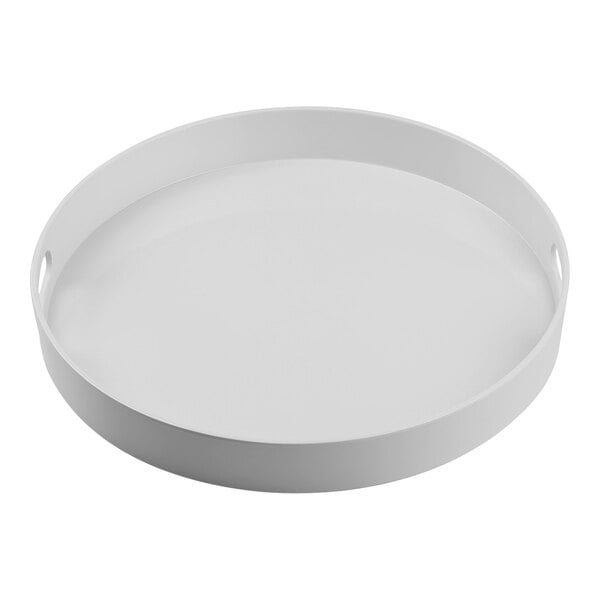 A white round Tablecraft melamine serving tray with handles.