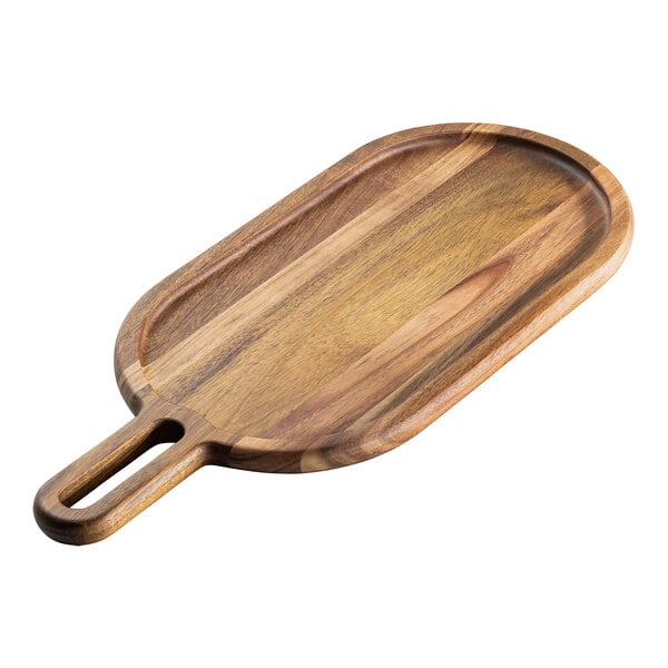 A Tablecraft acacia wood tray with handles.