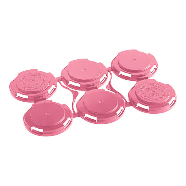 A pink plastic PakTech can carrier with six circles.