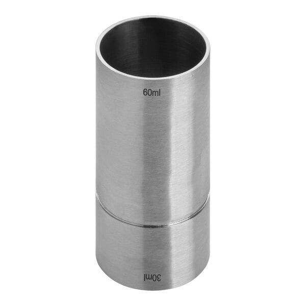 A Tablecraft stainless steel thimble jigger with metal caps.