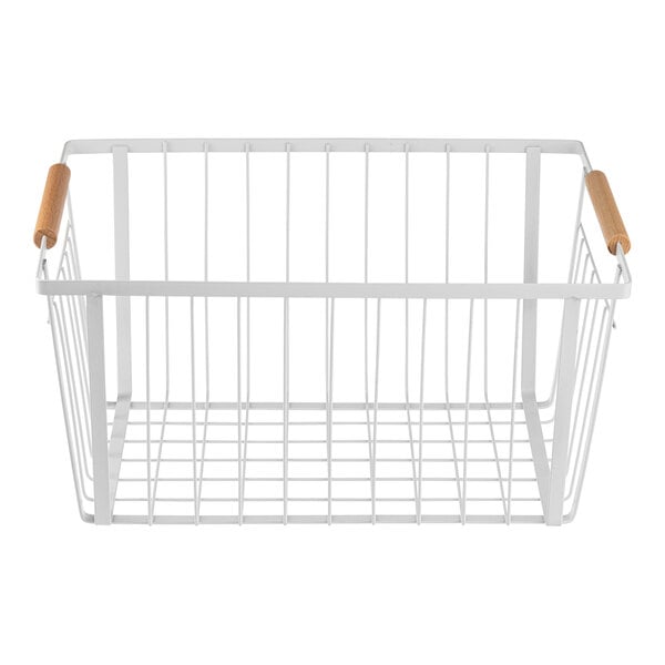 A white powder-coated steel wire storage basket with wooden handles.