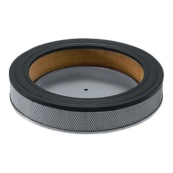 A Goodway Technologies HEPA filter for DV Series vacuums with a round metal filter and a circular object in the middle.