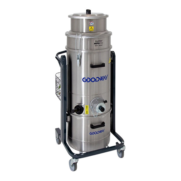A stainless steel Goodway Technologies 12 gallon vacuum on a black cart.