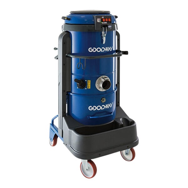 A blue and black Goodway Technologies wet/dry vacuum on wheels.
