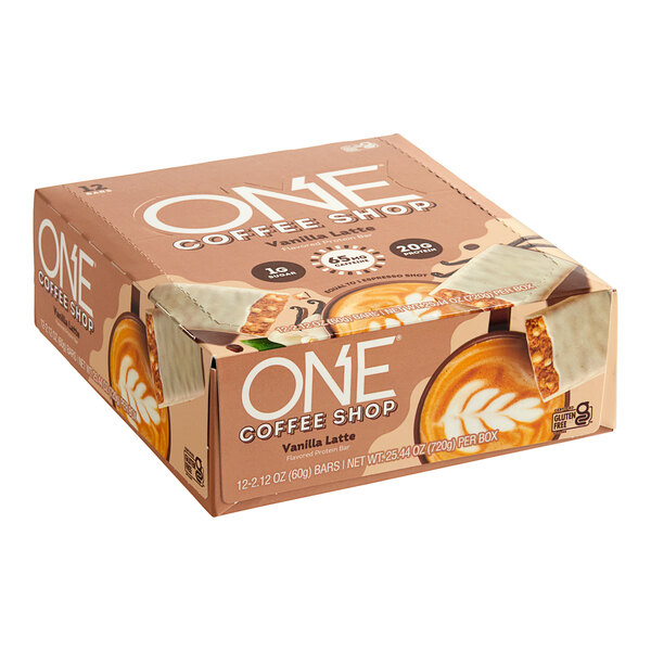 A box of 12 ONE Coffee Shop Vanilla Latte Protein Bars on a white background.