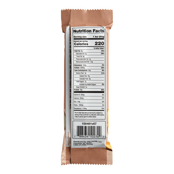 The ONE Coffee Shop Vanilla Latte Protein Bar package with a nutrition label.