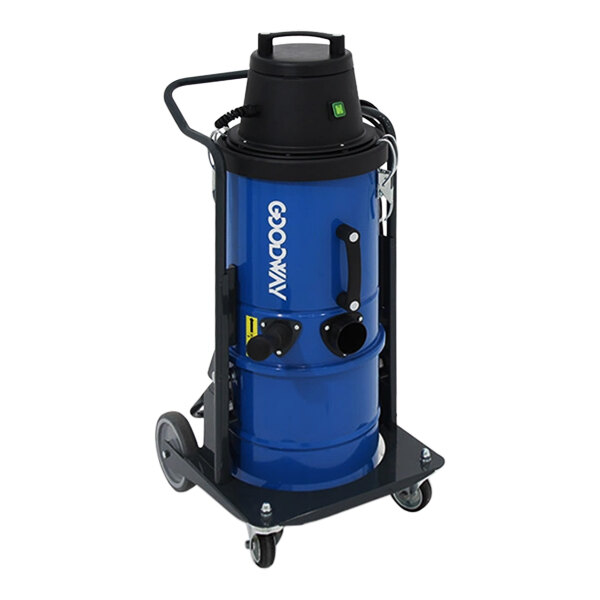 A blue and black Goodway Technologies wet/dry vacuum cleaner on wheels.
