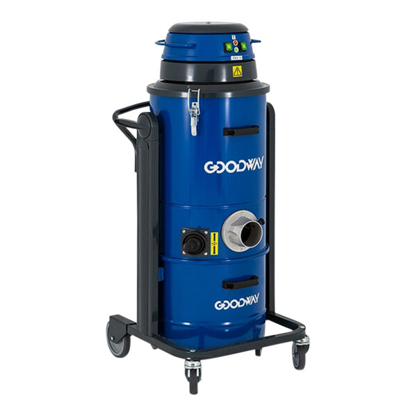 A blue and black Goodway Technologies heavy-duty twin-motor dry vacuum cleaner on wheels.