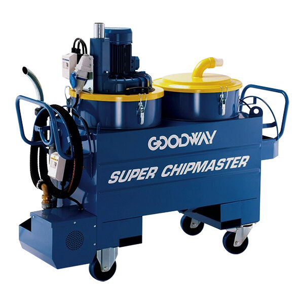 A blue Goodway ChipMaster vacuum with yellow lids.