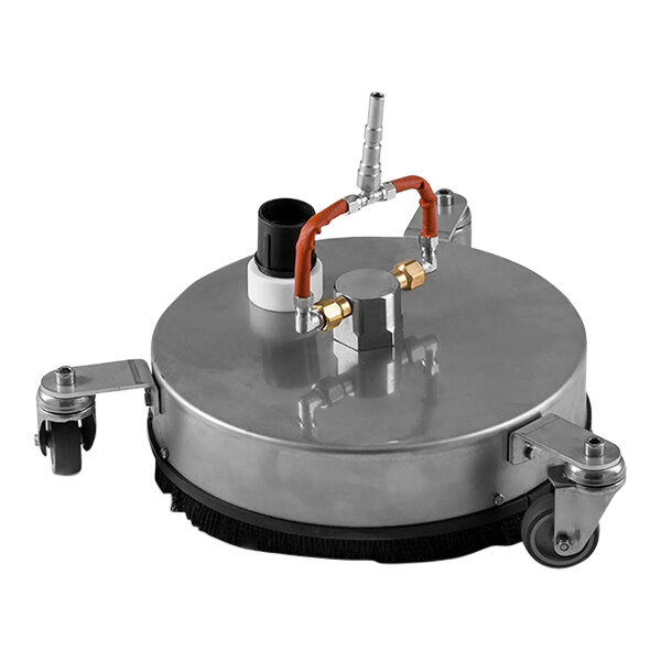 A silver and gold plated circular floor cleaner with wheels and hoses.