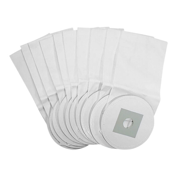 A group of white circular Goodway paper filter collection bags with a hole in the center.