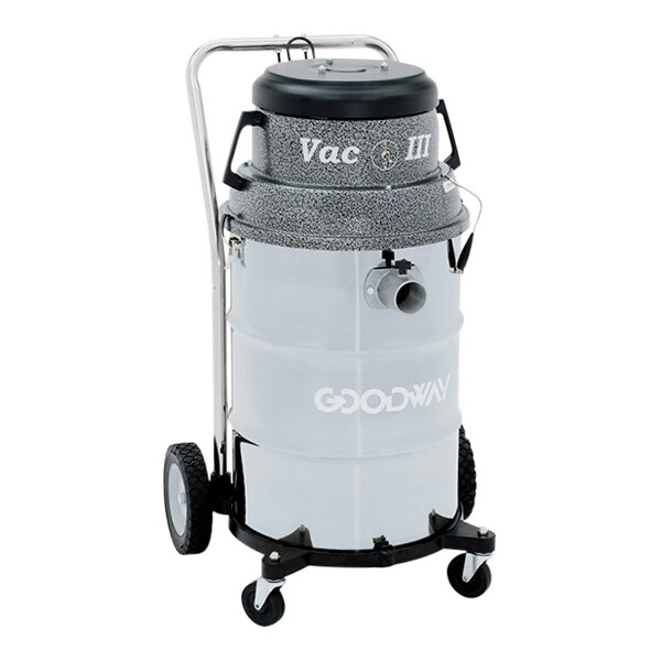 A grey and black Goodway Technologies triple-motor wet/dry vacuum cleaner with wheels.