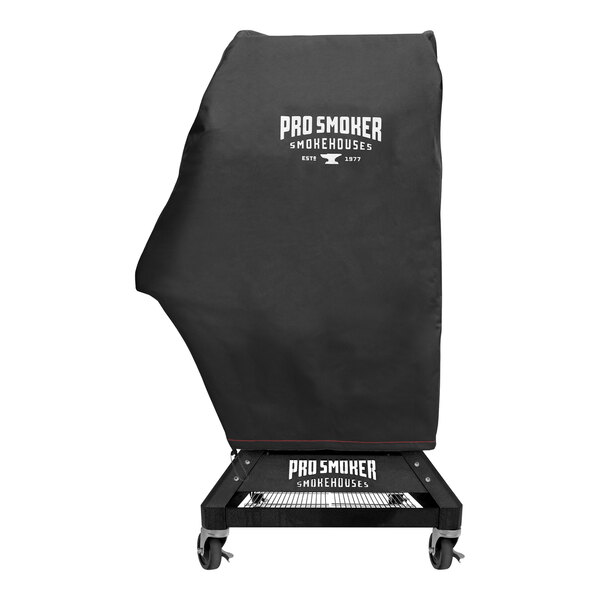 A black weather-resistant cover with white text for a Pro Smoker on a cart.