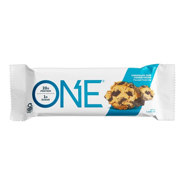 A white ONE protein bar package with blue and white label featuring a chocolate chip cookie.