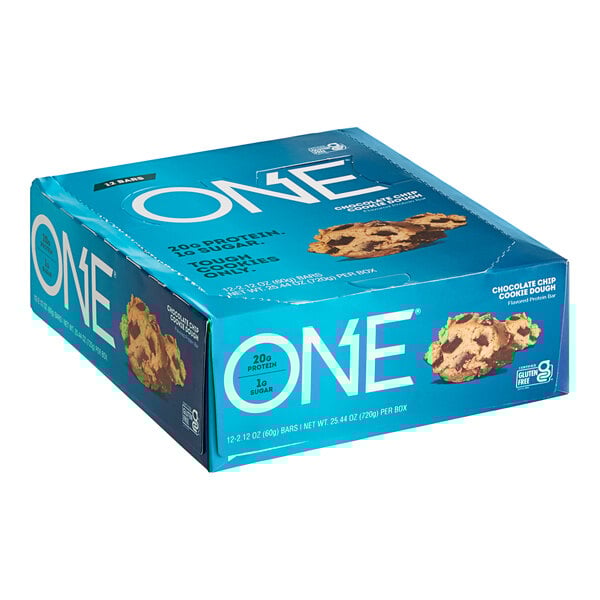 A blue box of 12 ONE Chocolate Chip Cookie Dough Protein Bars.