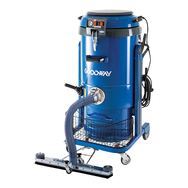 A blue Goodway Technologies walk behind dry vacuum cleaner on wheels.