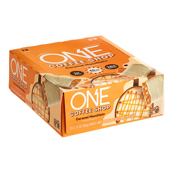 A box of 12 ONE Coffee Shop Caramel Macchiato Protein Bars.