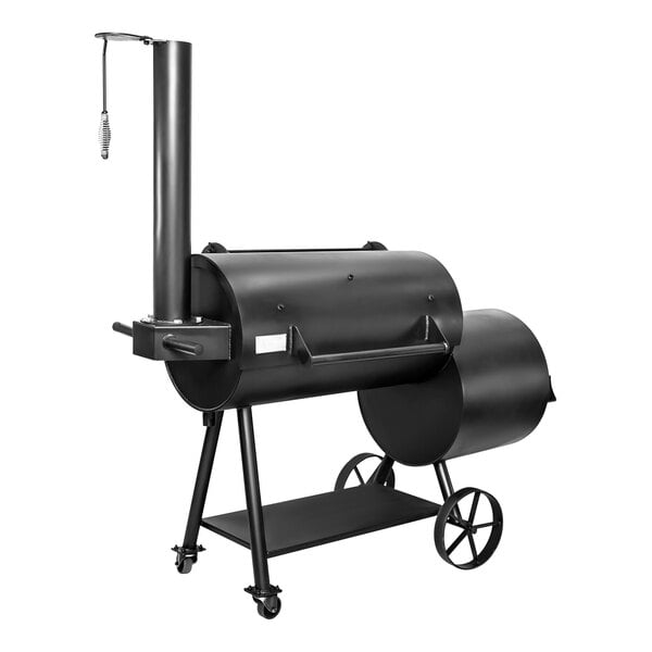 A black barbecue grill with a black barrel and a large metal tray.