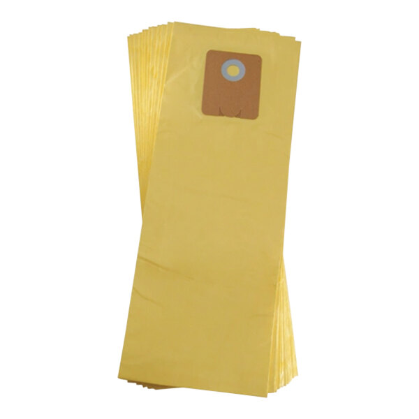 A stack of yellow Goodway paper filter collection bags with a brown circle on them.