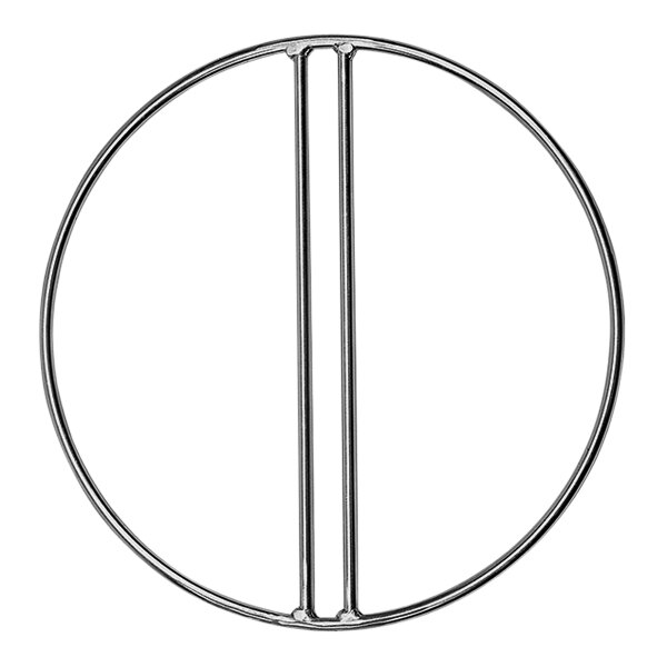 A silver metal circle with two parallel bars.