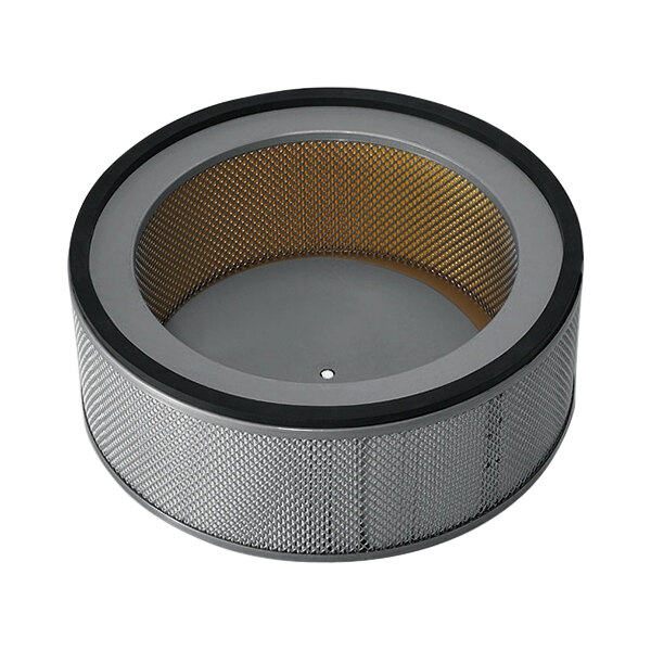 A close-up of a round metal container with a black and gold mesh filter inside.