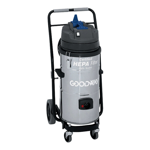 A Goodway Technologies dry vacuum cleaner with wheels and a handle.