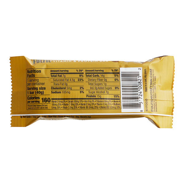 A close-up of a FULFIL Chocolate Hazelnut protein bar in yellow packaging with black text.