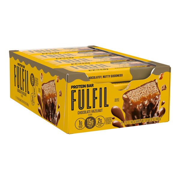 A box of FULFIL Chocolate Hazelnut Vitamin and Protein Bars, 1.41 oz each, containing 12 bars.