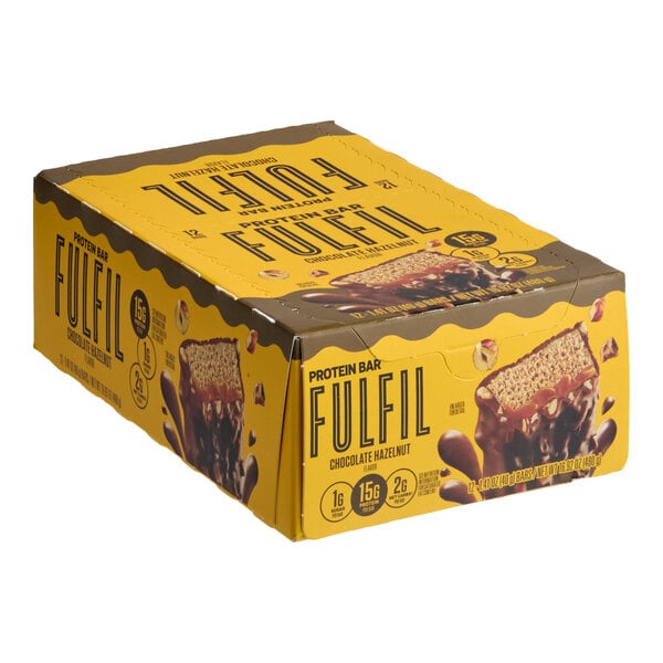 A box of FULFIL Chocolate Hazelnut Vitamin and Protein Bars, containing 12 individually wrapped 1.41 oz bars.