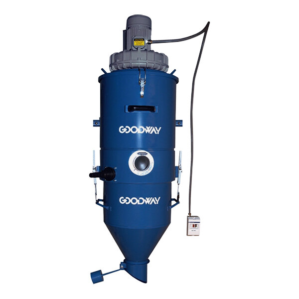 A blue Goodway Technologies wall-mount continuous-duty dry vacuum cylinder with a grey cap.