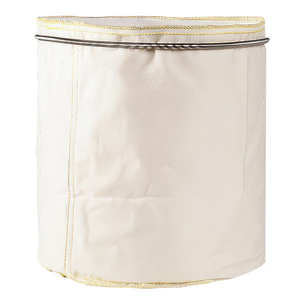 A white cloth filter with a metal ring.