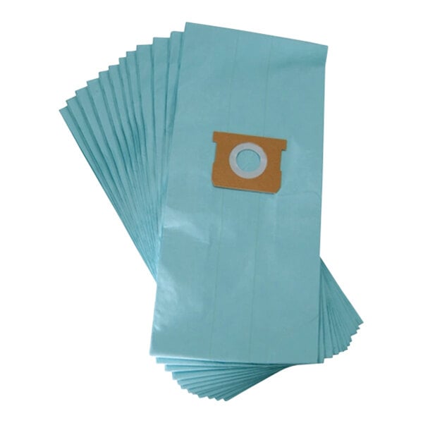 A stack of blue Goodway paper filter bags with a white circle in the middle.