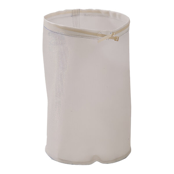 A white mesh bag with a white ribbon and a zipper.