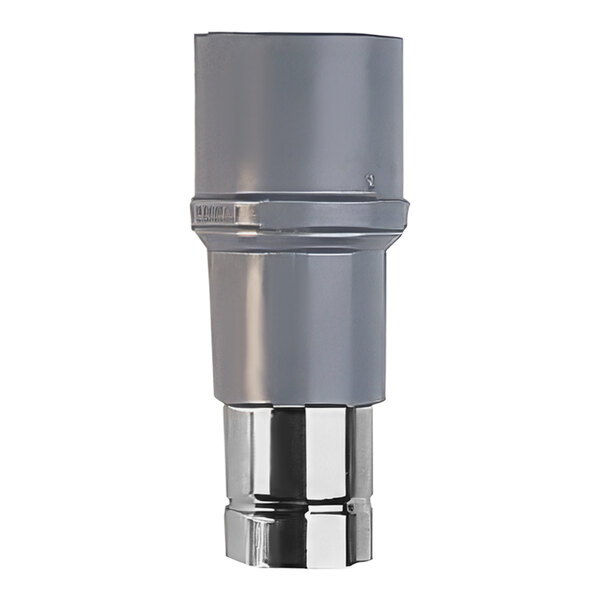 A grey plastic pipe with a silver metal swivel connection.