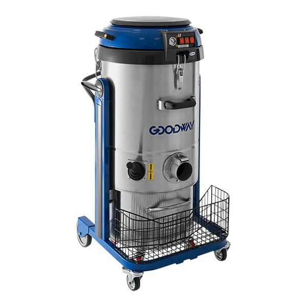 A blue and silver Goodway Technologies industrial vacuum cleaner with a basket on wheels.