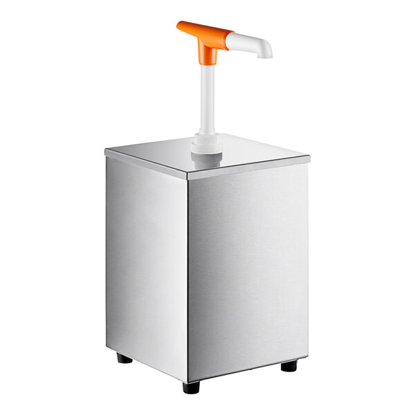 A stainless steel cube with a white and orange handle and a glass top.