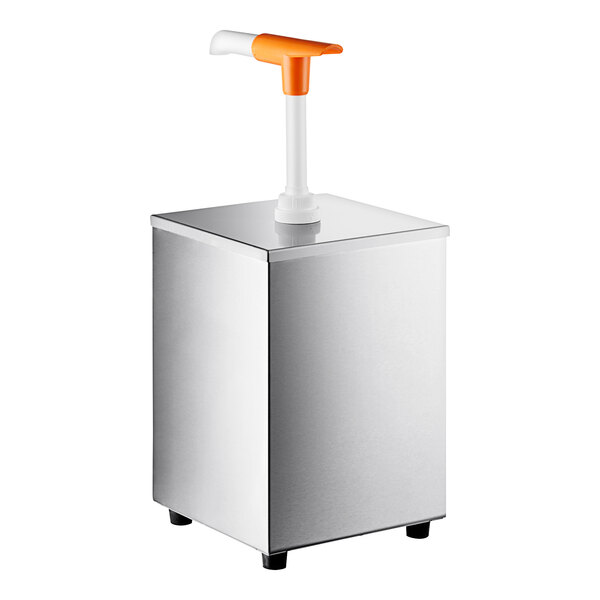 A stainless steel ServSense condiment pump dispenser on a metal counter.