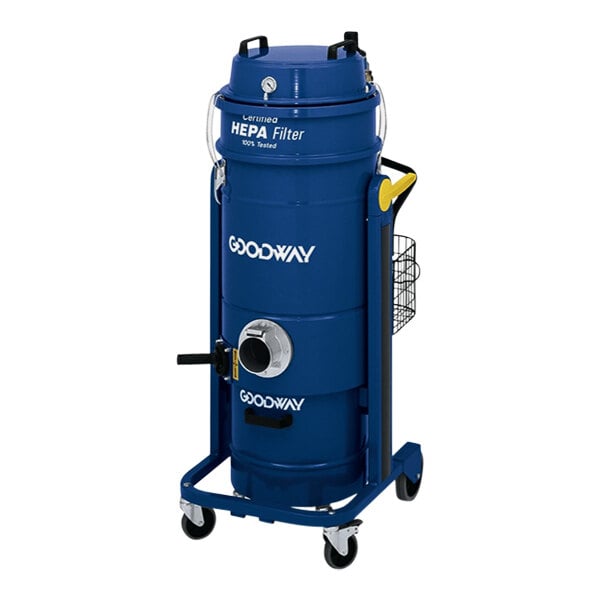 A blue and yellow Goodway Technologies air-powered dry vacuum cleaner on wheels.