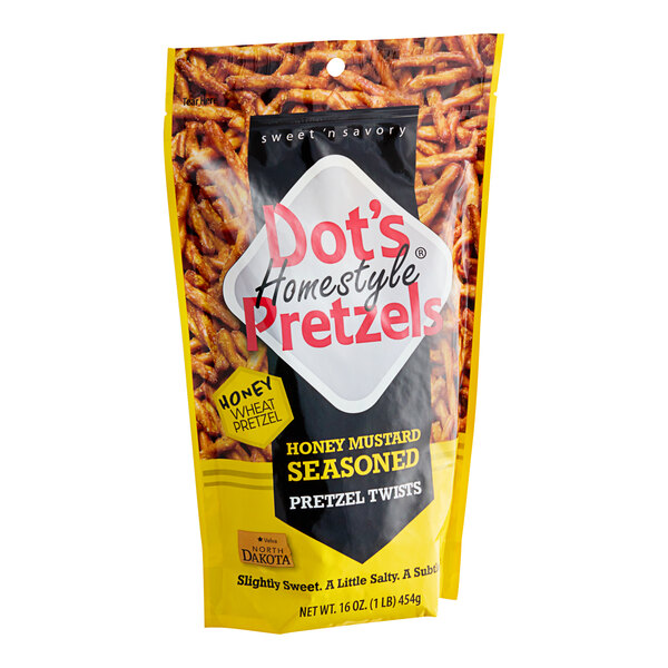 A white bag of Dot's Homestyle Pretzels Honey Mustard Seasoned Pretzel Twists.